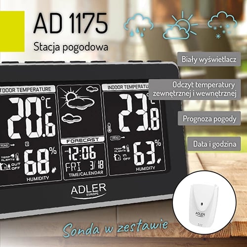 Stacion moti, Adler, AD 1175, ekran LCD i bardhë, matje temperaturë/lagështi brenda & jashtë, parashikim moti, alarme x2, sinjalizim temperature x2, sondë e jashtme 433.99 MHz, zi/argjendtë