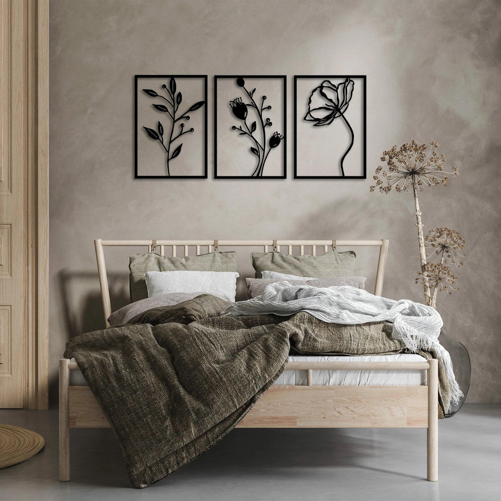 Aksesor dekorativ metalik për mur, lule, 3 copë, Wallity, 49x70cm, ngjyrë e zezë