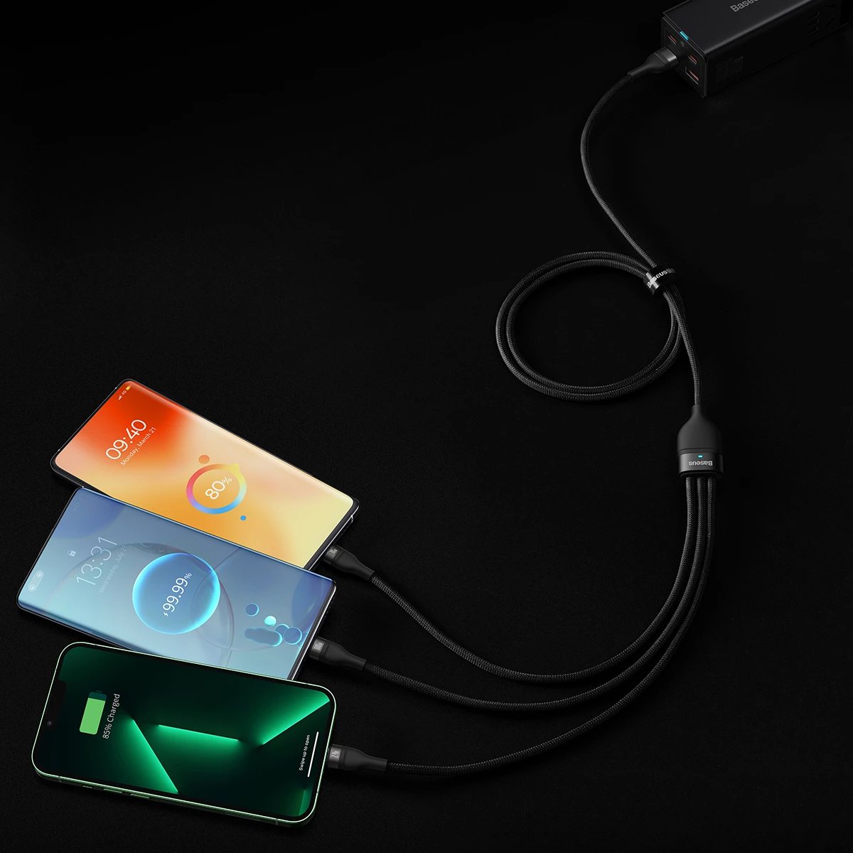 Kabllo karikimi Baseus Flash Series II, 1.2m, 100W, USB-A në USB-C/Lightning/micro USB, e zezë