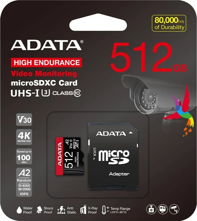 Kartelë memorie ADATA High Endurance 512 GB MicroSDXC, e kuqe, me adapter