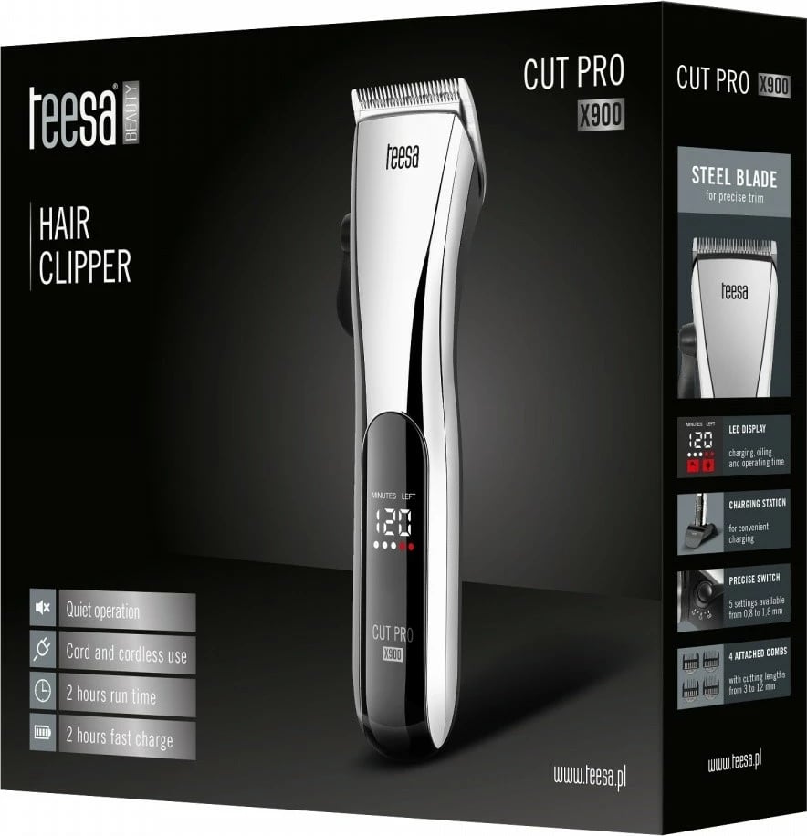 Makinë rroje flokësh TEESA CUT PRO X900, me ekran, 4 krehra, e zezë/argjendtë