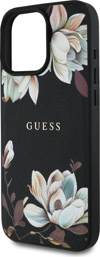 Mbështjellës MagSafe Guess Grained Printed Flower Pattern për iPhone 16 Pro Max 6.9", TPU/PC/eko-lëkurë, motiv lulesh, black