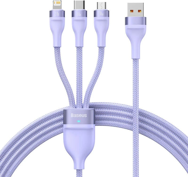 Kabllo 3-në-1 Baseus Flash II Series, USB-C + micro USB + Lightning, 66W, 1.2m, vjollcë Kabllo 3-në-1 Baseus Flash II Series, USB-C + micro USB + Lightning, 66W, 1.2m, vjollcë