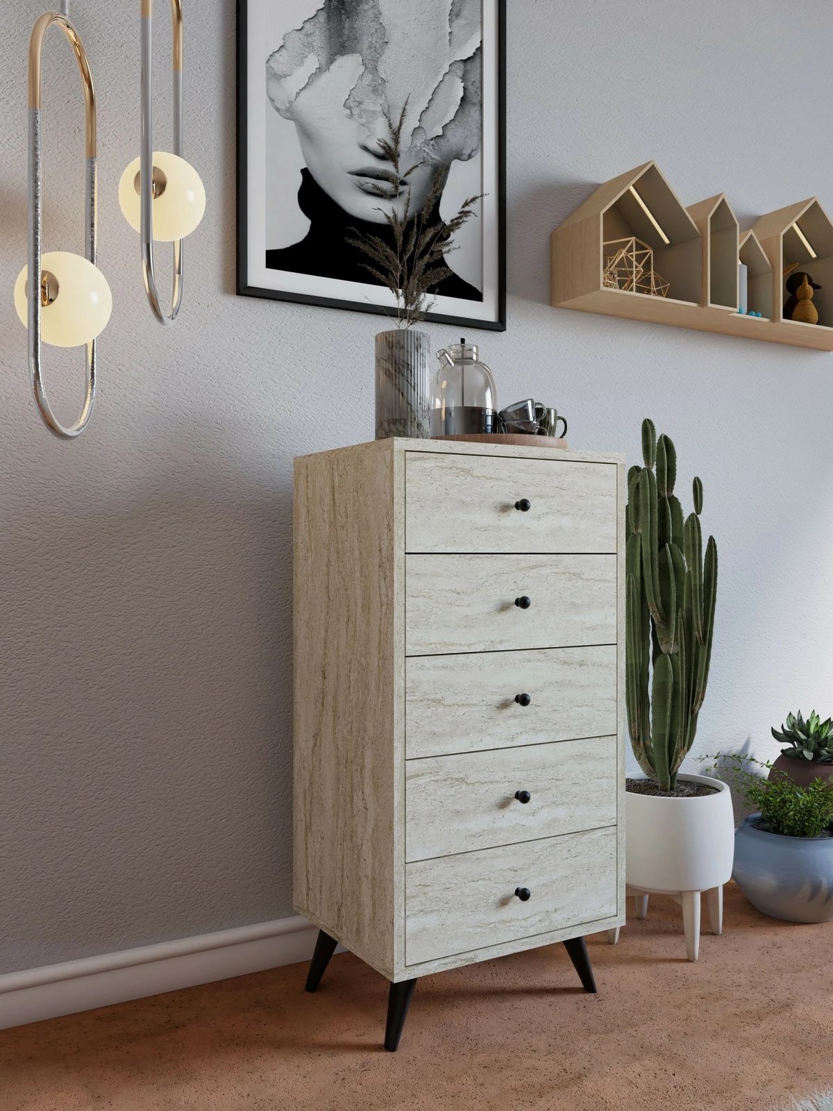 Komodë me 5 sirtarë, ngjyrë travertine, Skye Decor, Frenzu