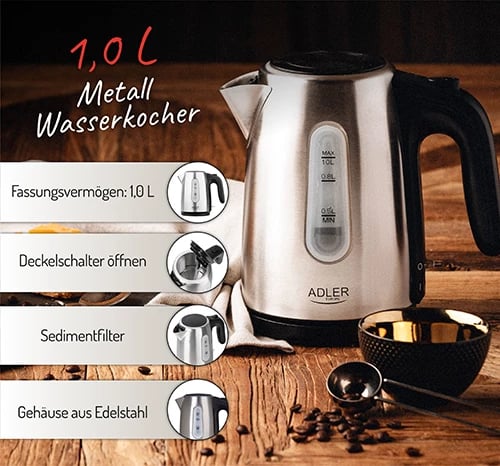 Çajnik elektrik, Adler, AD 1273, 1.0 L, 1000–1200W, trup çelik inox, bazë 360°, inox