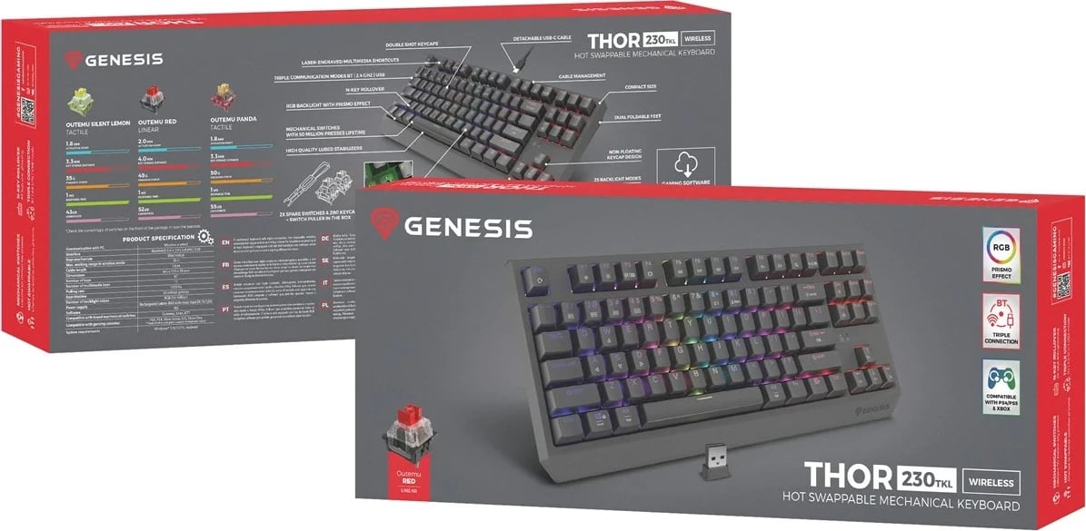 Tastierë mekanike GENESIS Thor 230 TKL, RGB, Wireless & USB Type-C, Gri Tastierë mekanike GENESIS Thor 230 TKL, RGB, Wireless & USB Type-C, Gri