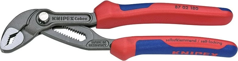 Kuleç slip-joint Knipex Cobra 180mm, krom-vanadium, dorezë plastike blu/kuqe