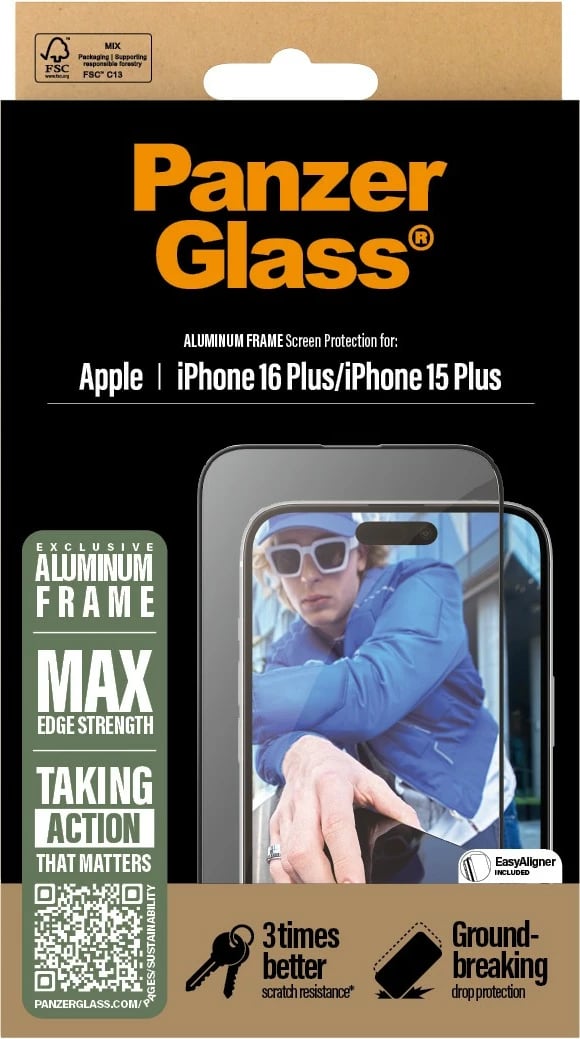 Mbrojtës ekrani PanzerGlass për iPhone 16/15 Plus, kornizë alumini