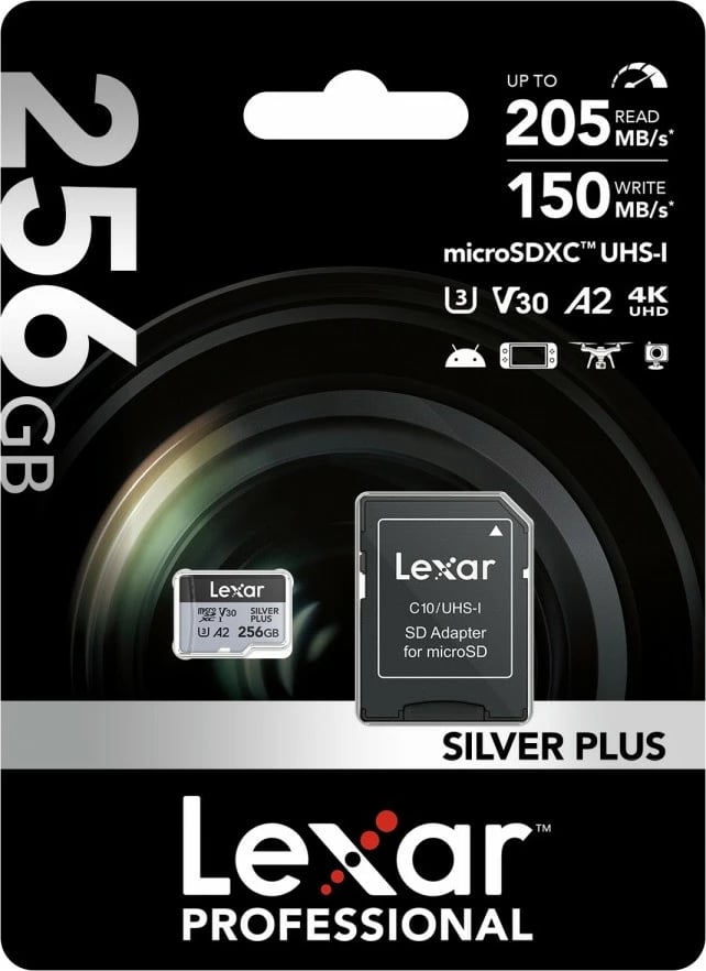 kartë microSD Lexar LMSSIPL256G-BNANG 256GB UHS-I A2 U3 V30 205/150MB/s, ngjyrë argjendtë Silver Plus, me adapter SD