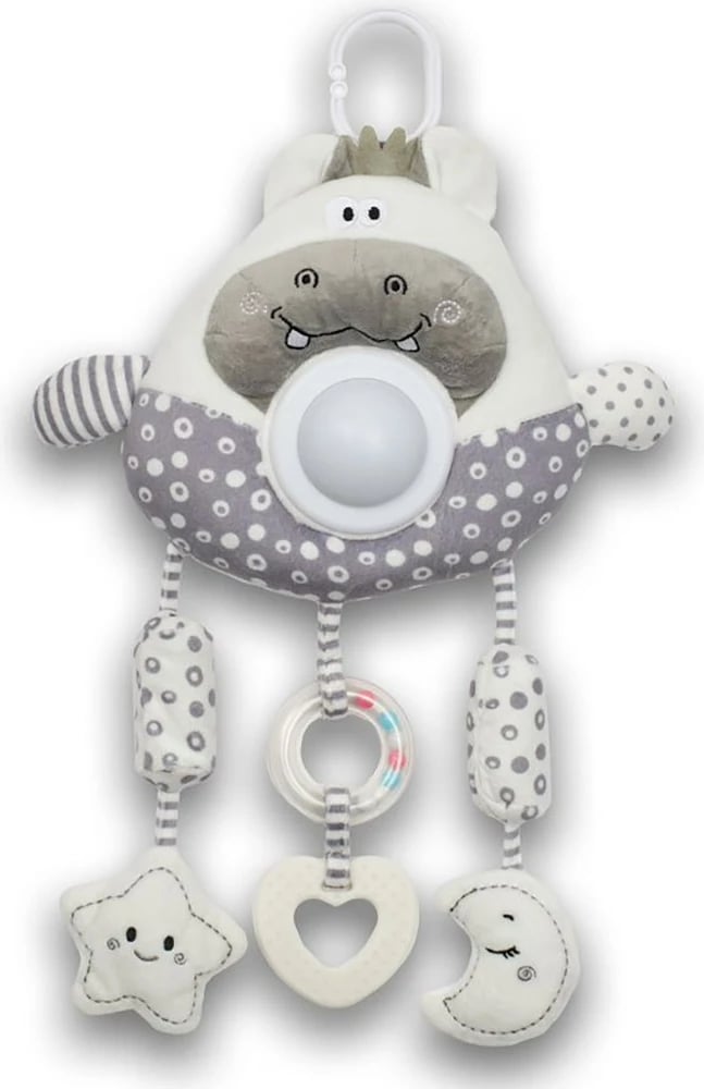 Lodër varëse plushe, FUNMUCH, hipopotam, me dritë dhe muzikë, me dridhje dhe kapëse për karrocë, 22 cm, gri