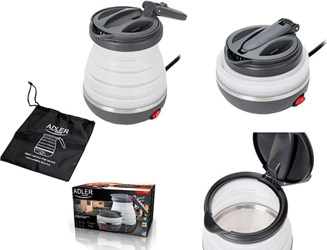 Çajnik elektrik udhëtimi, Adler AD 1279, 0.6 L, silikon palosës, 750W, gri