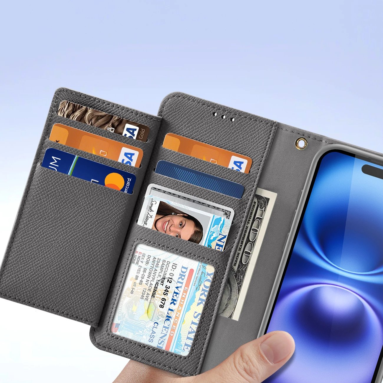 Mbështjellës Dux Ducis Lawa për iPhone 16, lëkurë, me portofol magnetik, Gri