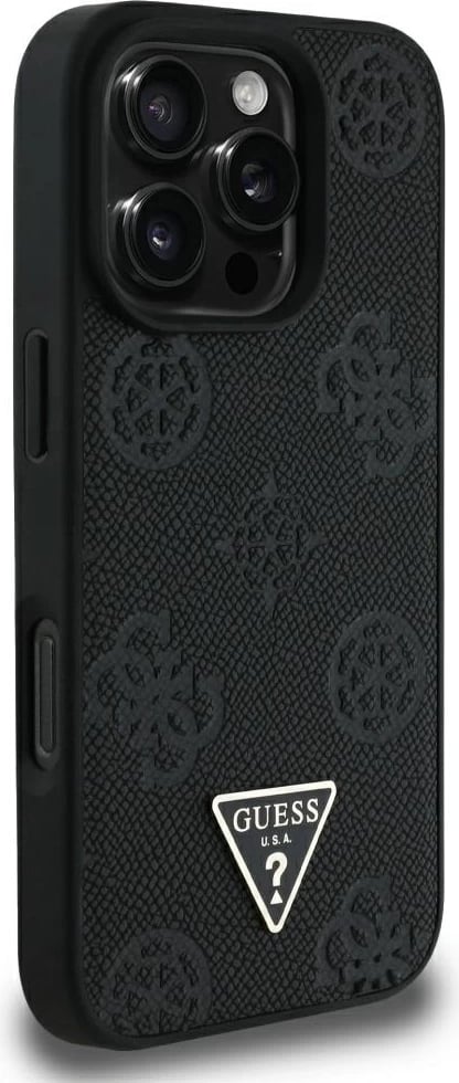 Mbështjellës Guess Grained Hot Stamp Peony Triangle Logo MagSafe për iPhone 16 Pro Max, i zi