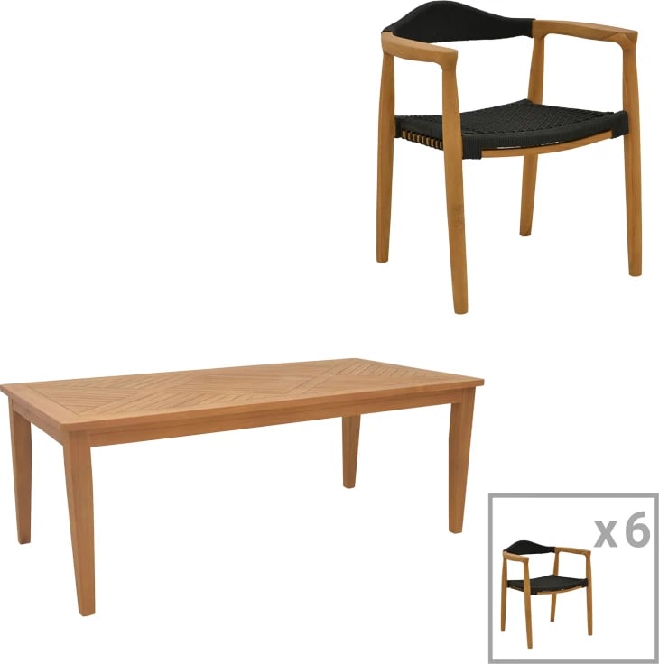 Tavolinë me karrige 7 pjesë Ganny-Mady dru tik, ngjyrë natyrale e zezë, 200x100x75cm