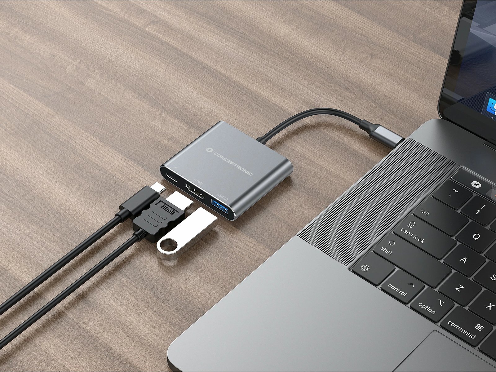 Stacion dokimi Conceptronic 3-1 USB-C në HDMI/USB-A/100WPD 25cm gri