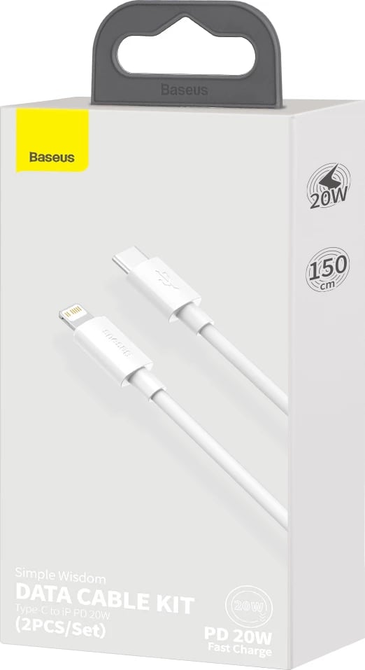 Kabllo Baseus Simple Wisdom TZCATLZJ-02, Lightning/USB-C, 1.5m, 20W, 2 copë, Bardhë