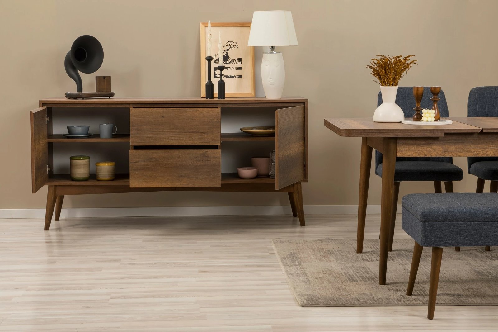 Set tavoline zgjeruese me karrige e konsol (6 pjesë), Skye Decor, Vina Bench 04 1048, ngjyrë arre, blu e errët