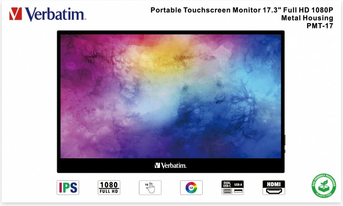 Monitor portativ me prekje, Verbatim PMT-17, 17.3" Full HD IPS 60 Hz, 10-pikësh, USB-C/HDMI, i zi