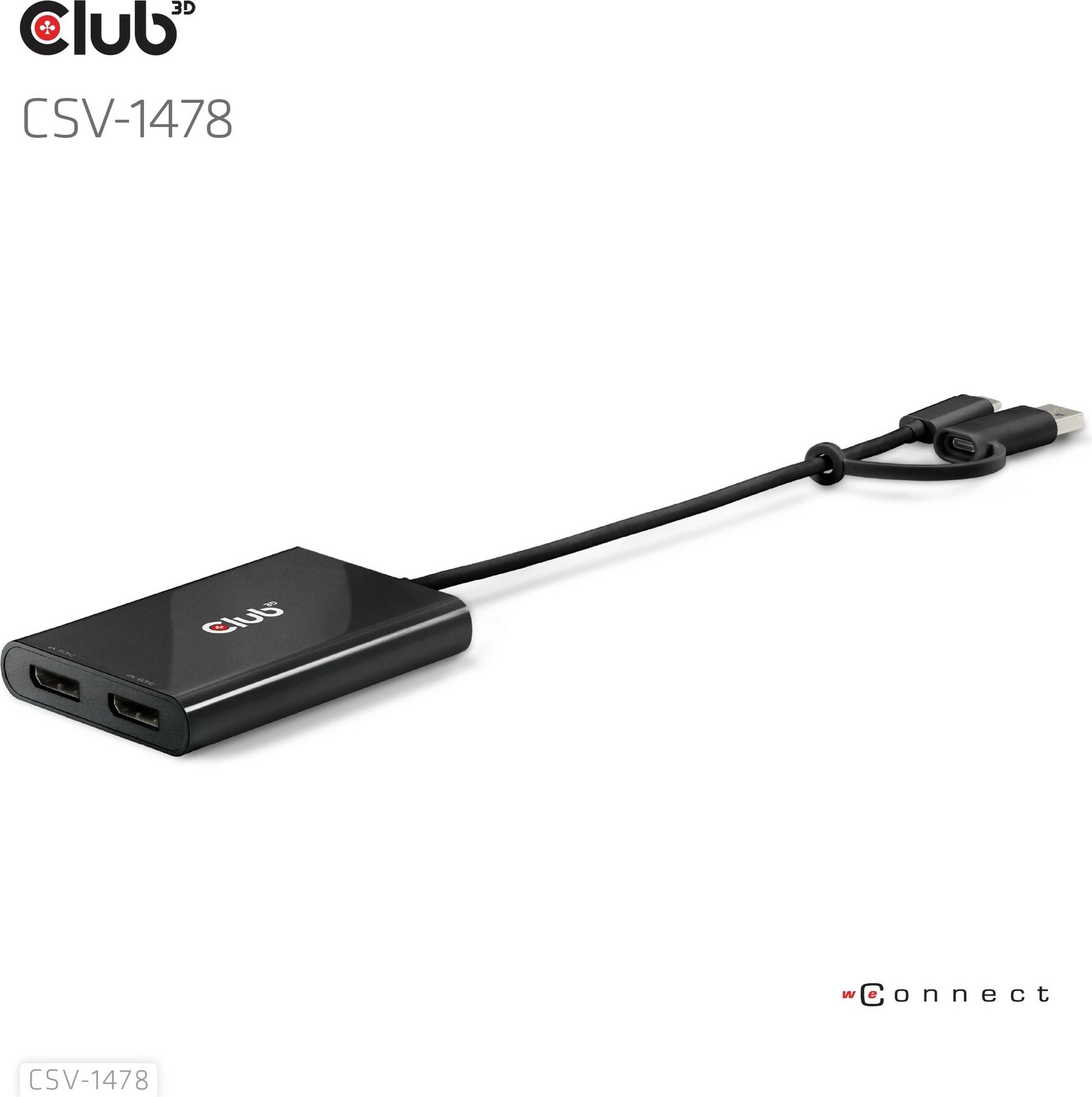 Adapter Club3D USB-C/USB-A në 2x DisplayPort 4K, i zi Adapter Club3D USB-C/USB-A në 2x DisplayPort 4K, i zi