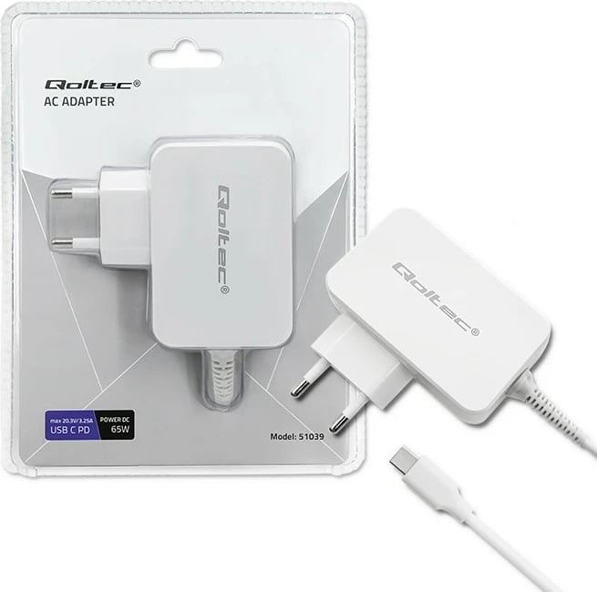 Karikues Qoltec 65W, USB Type-C, Power Delivery, i bardhë