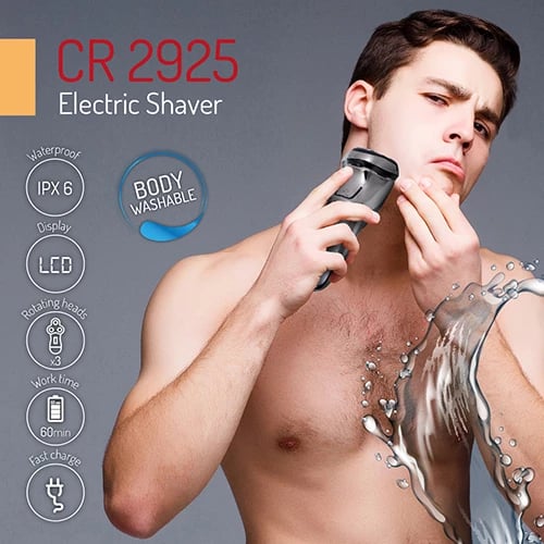 Makinë rroje elektrike, Adler Camry CR 2925, LCD, karikim i shpejtë 1.5h, autonomi 1h, IPX6, 3 koka rrotulluese, bllokim udhëtimi, trimmer i palosshëm