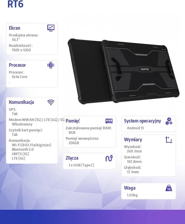 Tablet Oukitel RT6, 10.1", 8/256GB, Android 13, i zi