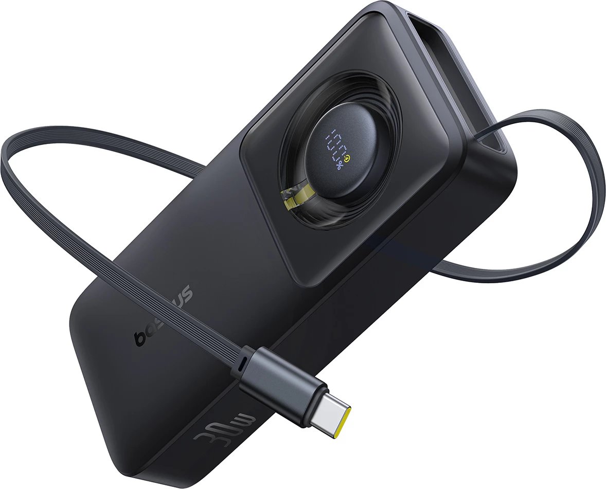 Powerbank Baseus Free2Pull 10000mAh, 30W, me kabllo USB-C tërheqëse, e zezë