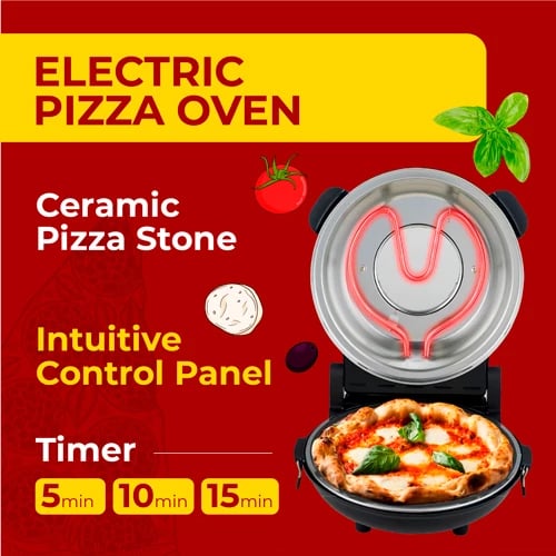 Furrë elektrike për pizza, Adler AD 6314, 1200W, gur qeramik, diametër pizza 12" (31.5 cm), timer 5–15 min, 5 nivele temperature, e zezë mat