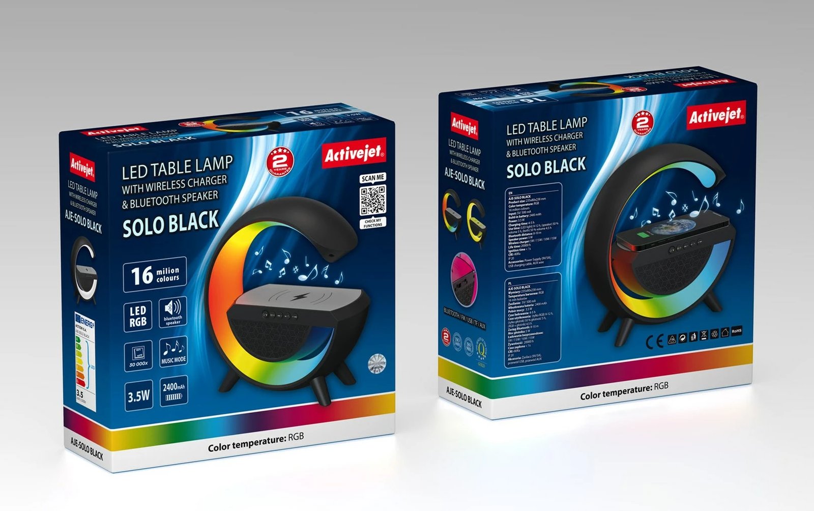 Llambë tavoline Activejet AJE-SOLO RGB, me altoparlant Bluetooth dhe karikues wireless, 2400 mAh, e zezë