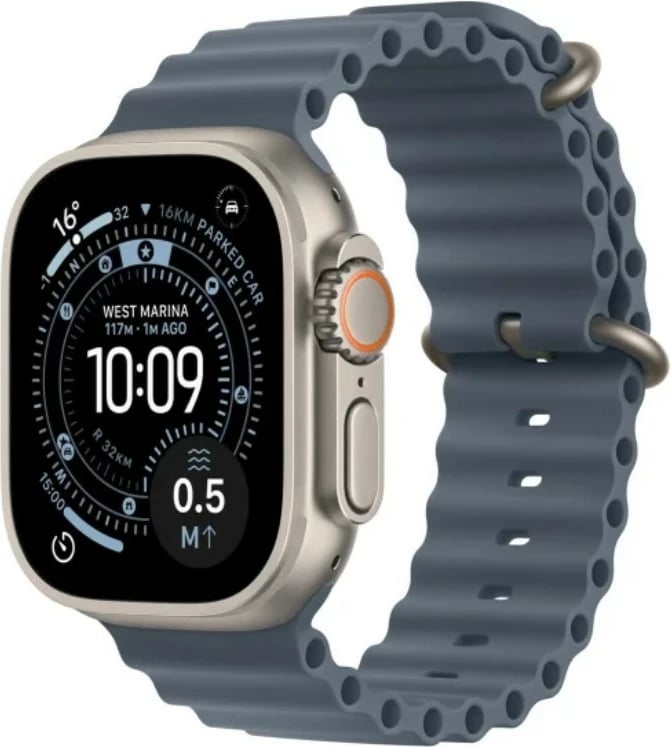 Smartwatch Apple Watch Ultra 3, 49mm, titani natyral, rrip Ocean kaltër e errët, GPS + Cellular