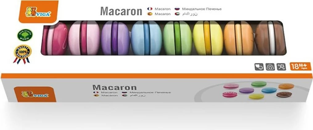 Set makarons prej druri, Viga, 8 copë, me Velcro, shumëngjyrëshe