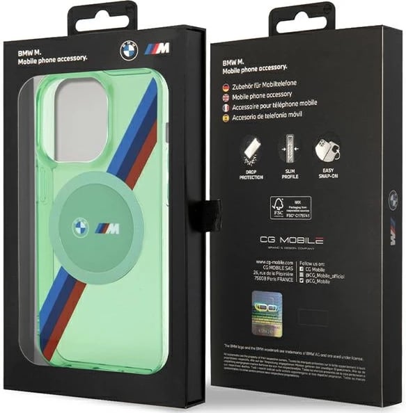 Mbështjellës BMW M Tricolor Stripes MagSafe për iPhone 15 Pro, i gjelbër