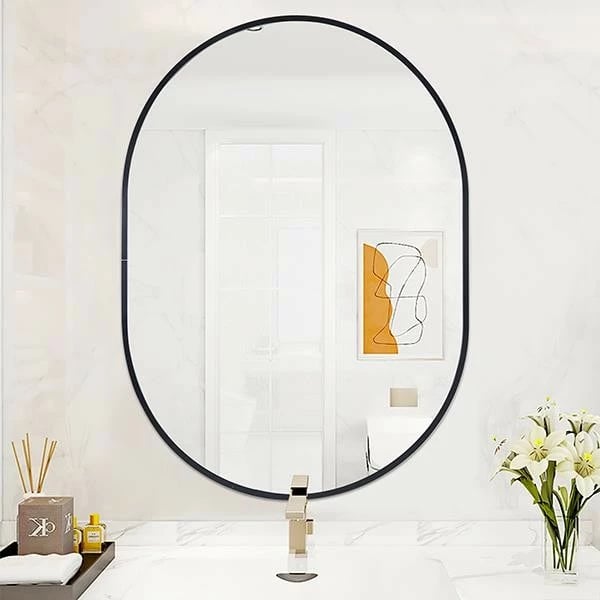 Pasqyrë muri ovale Nextdeco, kornizë metalike e zezë, 50x70cm