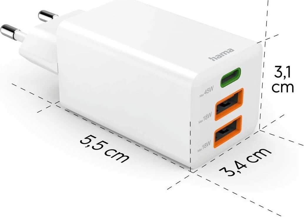 Karikues Hama mini GaN 45W PD/QC 2x USB-C, 1x USB-A, bardhë