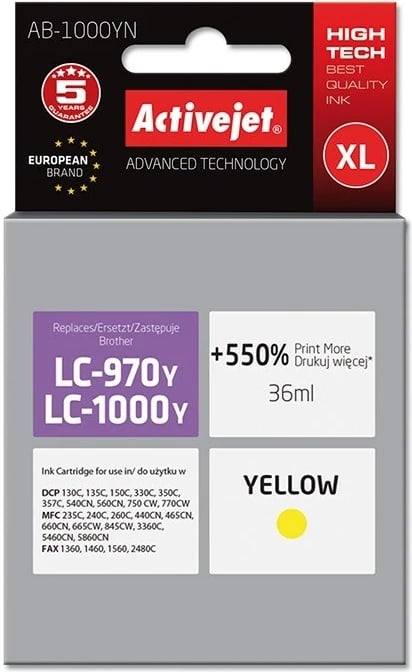 Ngjyrë zëvendësuese Activejet AB-1000YN për printer Brother, Supreme; 35 ml, e verdhë