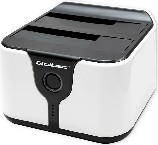 Stacion dokimi Qoltec 50309 për HDD/SSD 2.5"/3.5", USB 3.0, funksion klonimi, zi/bardhë