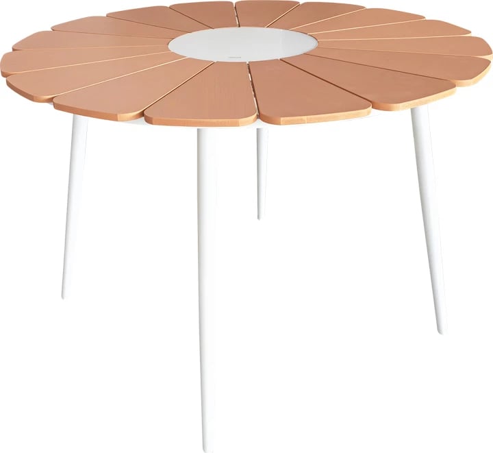 Set tavolinë me karrige Pinap-Dashiell, alumin i bardhë, kompensatë natyrale, 5 copë, Φ110x74cm