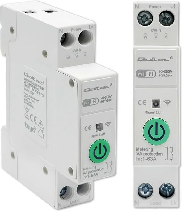 Relé Wi-Fi Qoltec 50881 për shina DIN, matës energjie, 63A, e bardhë