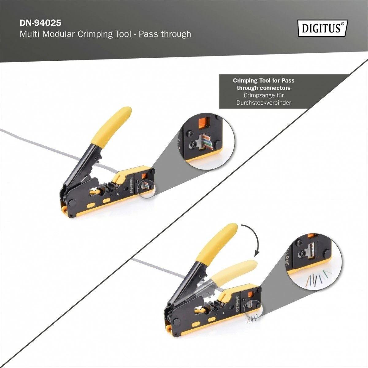 Mjet krimpimi Digitus DN-94025 për konektorë RJ45 Cat.5e/Cat.6, RJ12, RJ11, Metal, me prerje dhe heqje izolimi