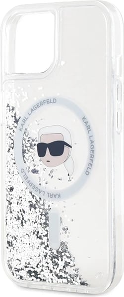 Mbështjellës Karl Lagerfeld Liquid Glitter Karl Head MagSafe për iPhone 15/14/13, Transparent