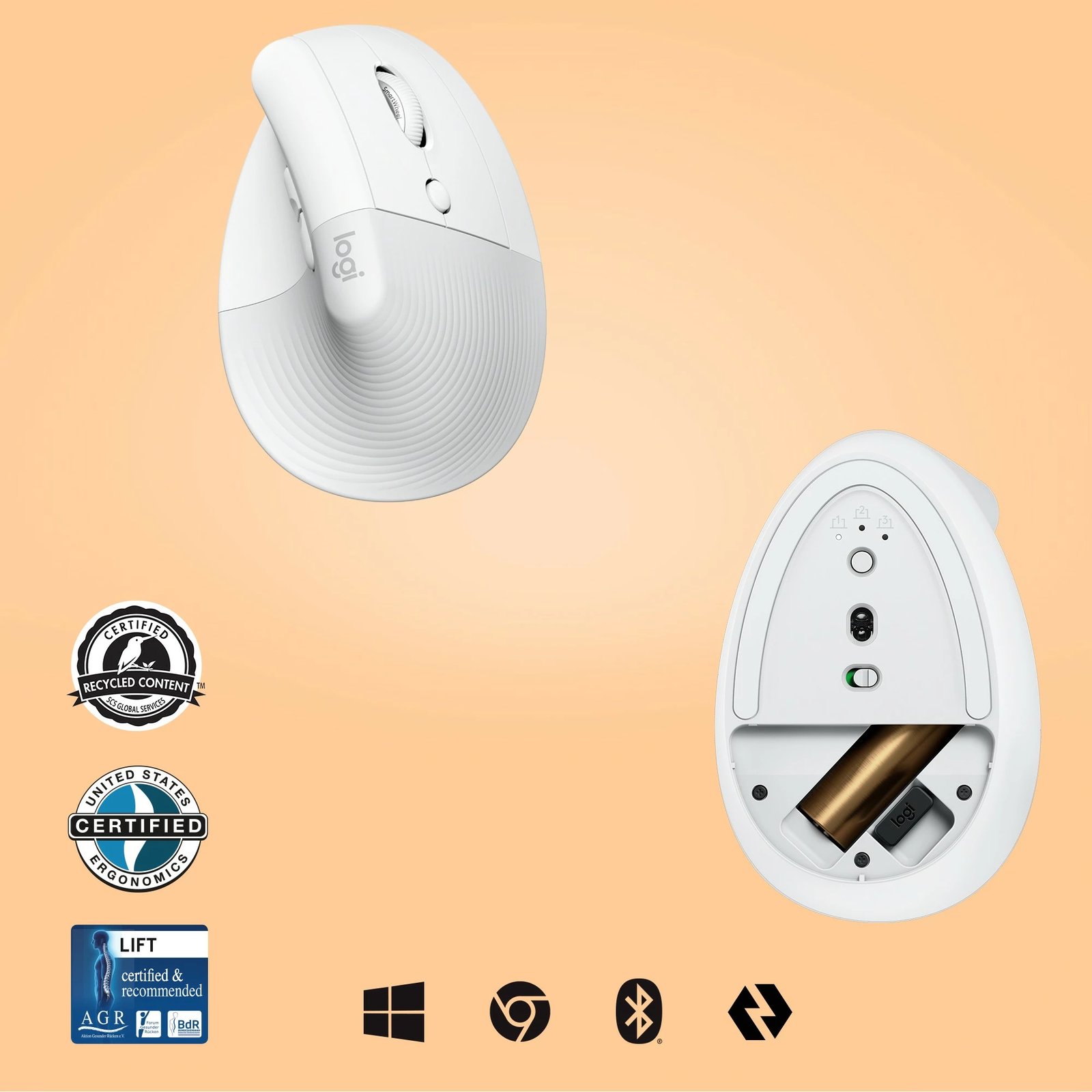 Maus Logitech Lift Vertikal Ergonomik wireless, off-white