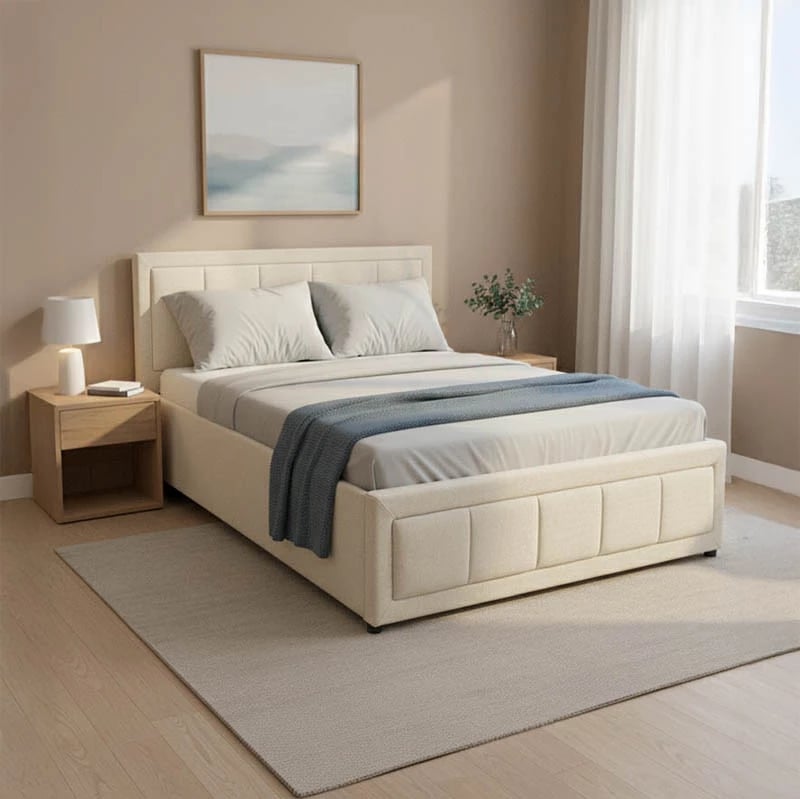 Krevat me hapësirë për depo, stof bezhë, Huga, 120x200cm