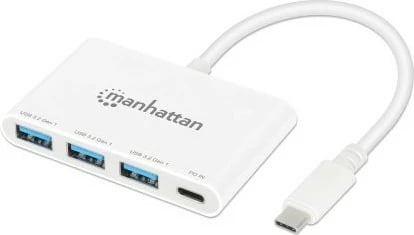 USB hub MANHATTAN 3-Port USB 3.0 Typ-C me PD, i bardhë