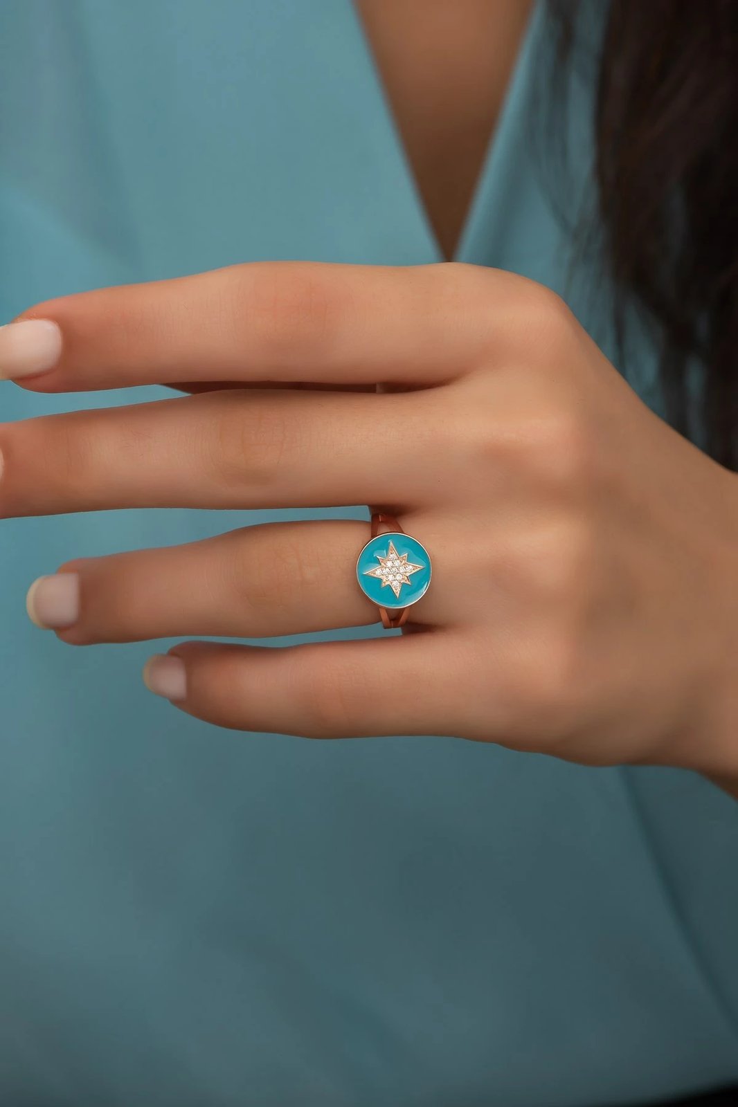 Unazë argjendi Jumeon, ngjyrë rozë ari dhe turquoise, NRZ99702