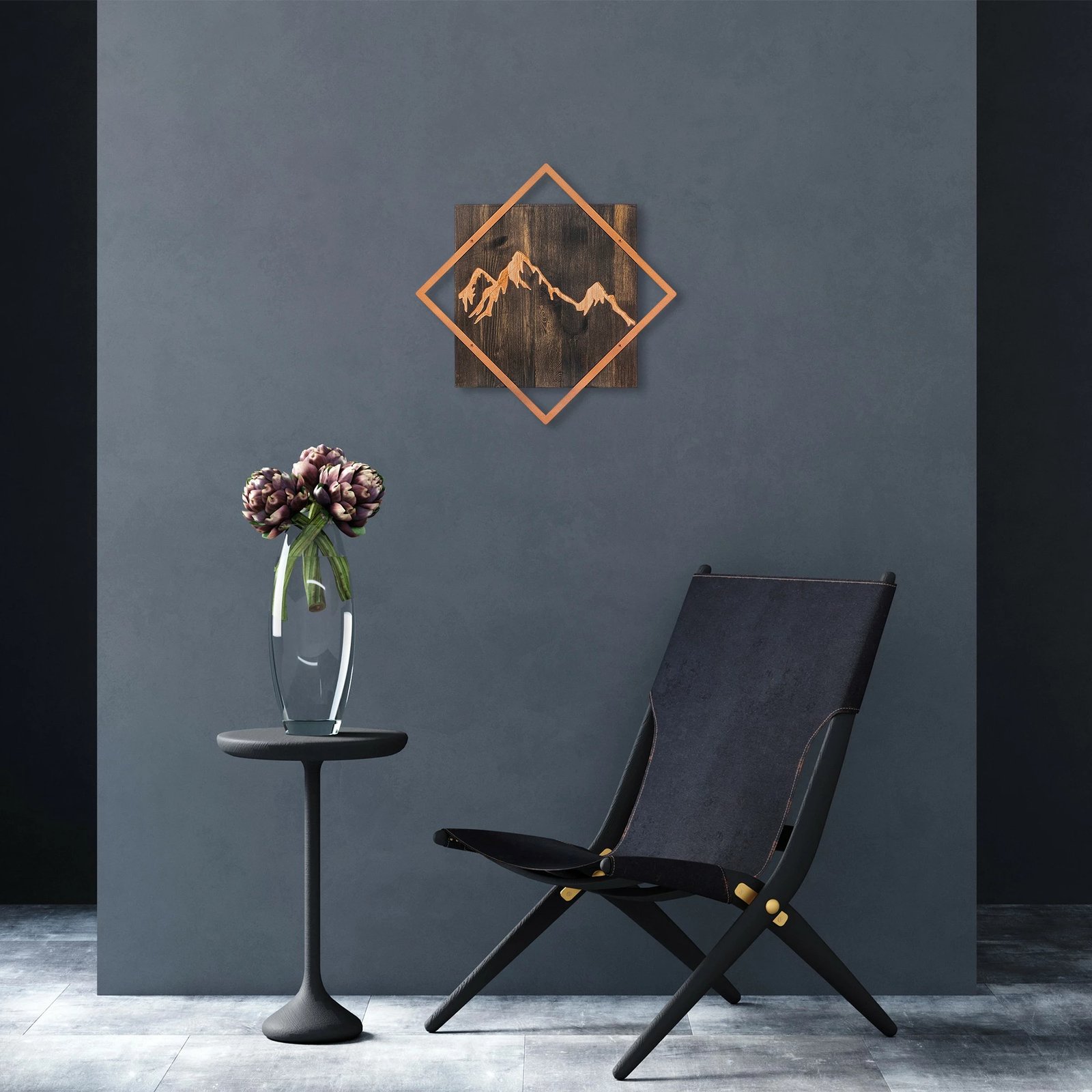 Aksesor dekorativ për mur, dru dhe metal, motiv mali, ngjyrë arre dhe bakri, 54x54cm