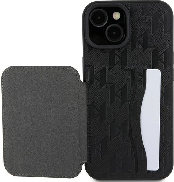 Mbështjellës Karl Lagerfeld Saffiano Cardslots & Stand Monogram Choupette për iPhone 15, i zi