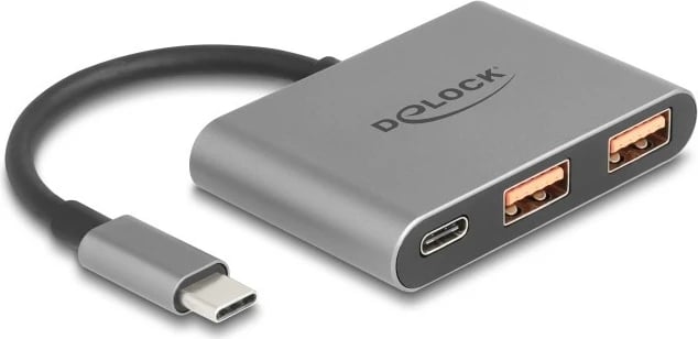 USB hub DeLOCK 3 porta, Type-C në 1x Type-C + 2x Type-A, 10 Gbps, gri