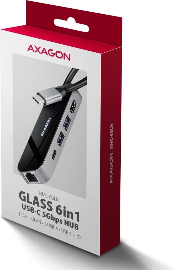 Hub USB-C 6-në-1 AXAGON HMC-6GLN, 5Gbps, 2xUSB-A, 1x USB-C, GLAN, HDMI 4K/60Hz, PD 100W, 20cm, zi/argjendtë