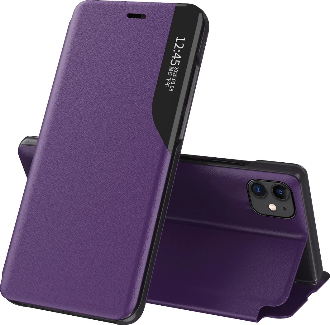 Mbështjellës Hurtel Eco Leather View Case për iPhone 13 Pro Max, me qëndrim, vjollcë