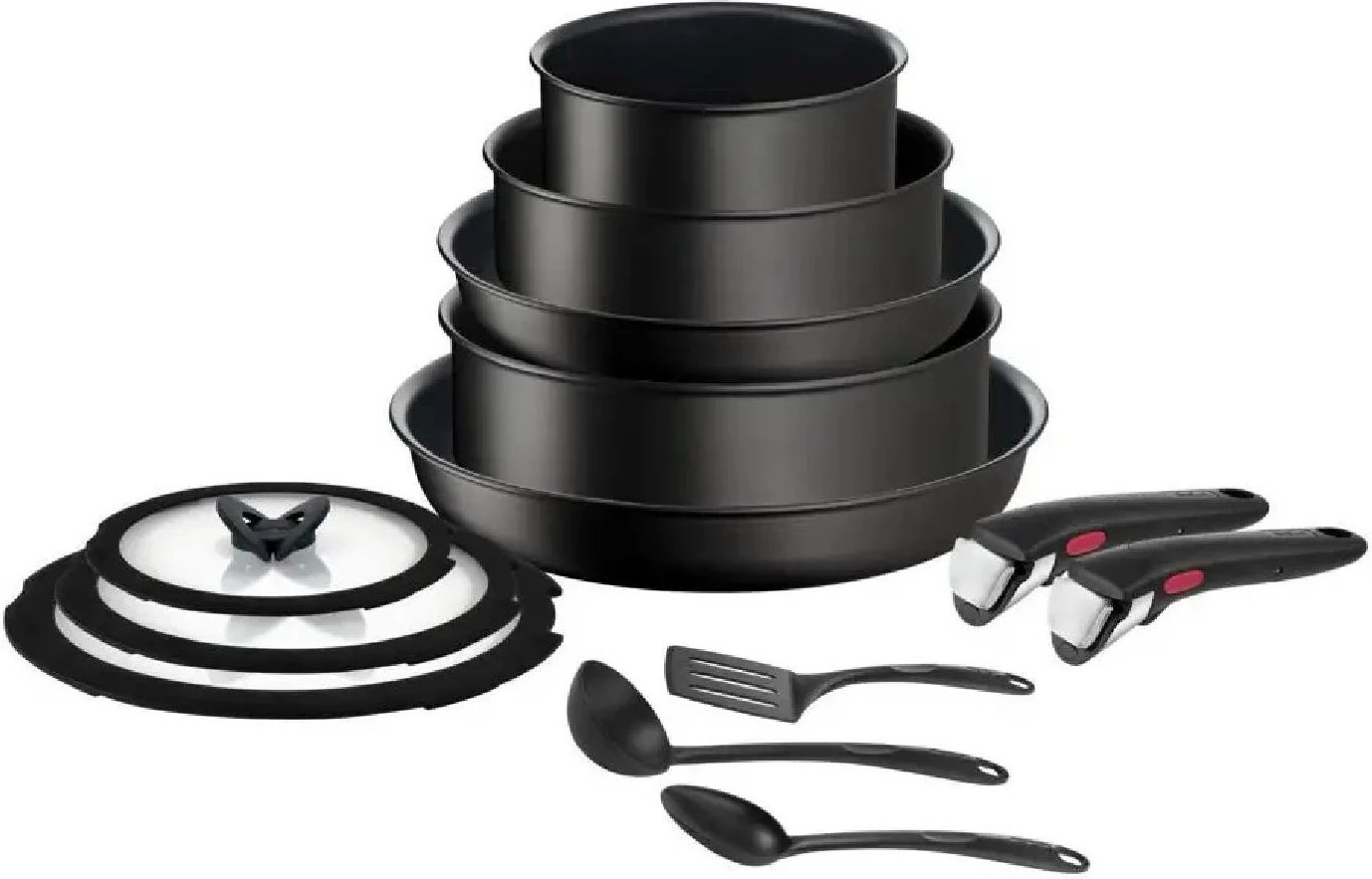 Set enë gatimi Tefal L7639543, 13 copë, tiganë 24/28 cm + tenxhere e thellë 24 cm, 2 doreza të heqshme, kompatibil me induksion, veshje jo‑ngjitëse Titanium 6X, e zezë